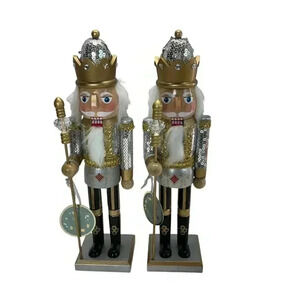 Wood Christmas Nutcracker Soldier Silver Sequins Uniform Gold Jewel Crown Set